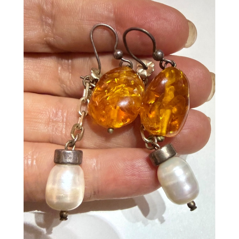 Vintage Amber Freshwater Pearl Earrings Honey JDD Dangle Sterling Silver 925